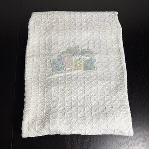 Vintage White Cotton Woven Baby Blanket Pastel Blocks Teddy Bear Beacon Style